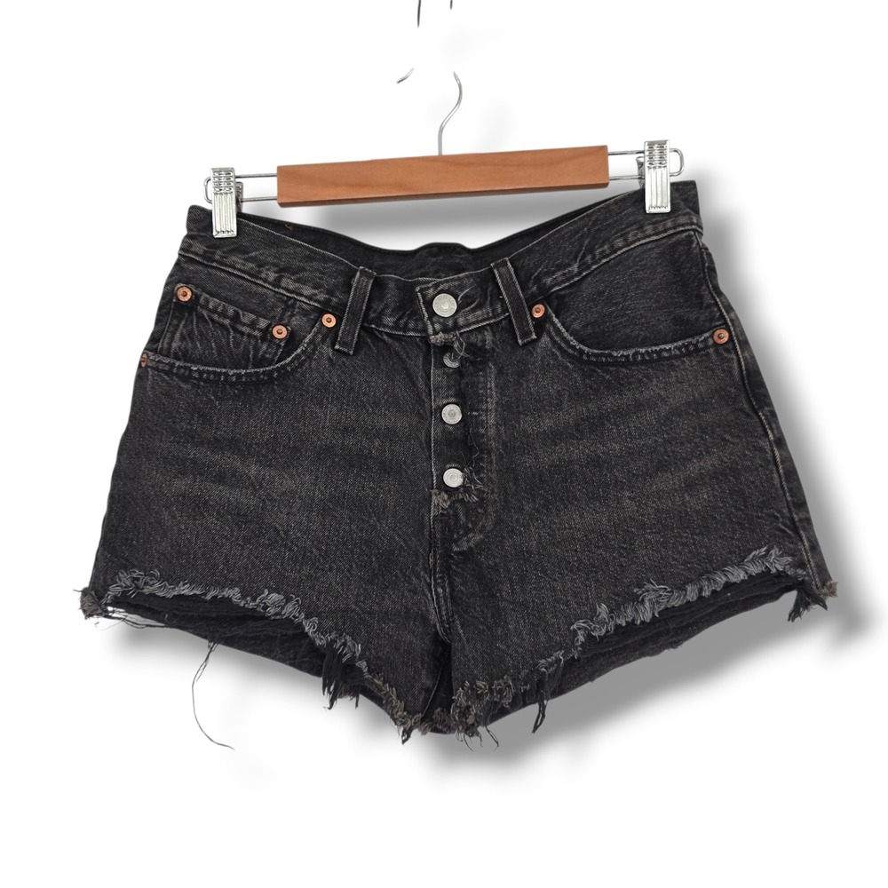 Levis 501 Original High Rise Button Fly Black Denim Cut Off Shorts Womens 27